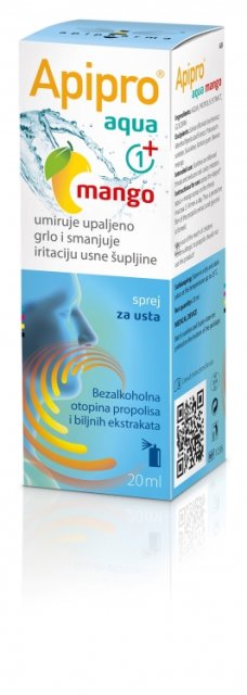 APIPHARMA APIPRO AQUA+KIDS MANGO SPREJ ZA USTA PROTIV UPALJENOG GRLA I IRITACIJE 20ML