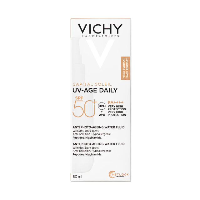 VICHY CAPITAL SOLEIL UV-AGE DAILY VODENI FLUID ZA ZAŠTITU OD SUNCA PROTIV FOTOSTARENJA SPF50+ MAXI FORMAT, 80 ML