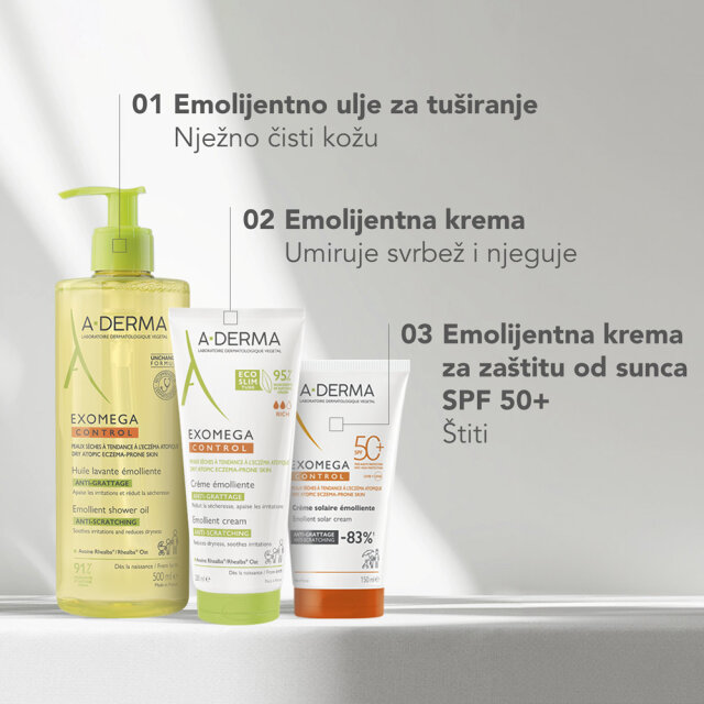 A-DERMA EXOMEGA CONTROL EMOLIJENTNA KREMA ZA ZAŠTITU OD SUNCA SPFF50+ 150ML