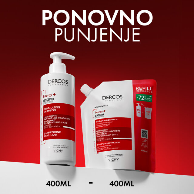 VICHY DERCOS ENERGY+ STIMULIRAJUĆI ŠAMPON PROTIV OPADANJA KOSE ECO REFILL, 400 ML